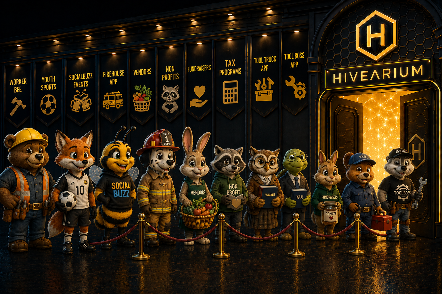 A cast of friendly HIVEARIUM profession characters representing workers, SocialBuzz events, firehouses, vendors, nonprofits, fundraising, tax programs, and tool services